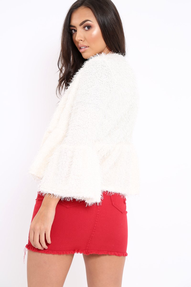 White Shaggy Peplum Cardigan - Trianna-Jackets