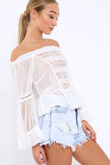 White Sheer Bardot Blouse - Rosey-Tops