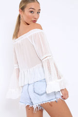 White Sheer Bardot Blouse - Rosey-Tops