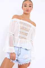White Sheer Bardot Blouse - Rosey-Tops