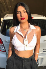 White Sheer Button Front Crop Blouse - Damari-Tops