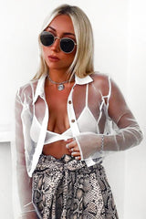 White Sheer Button Front Crop Blouse - Damari-Tops