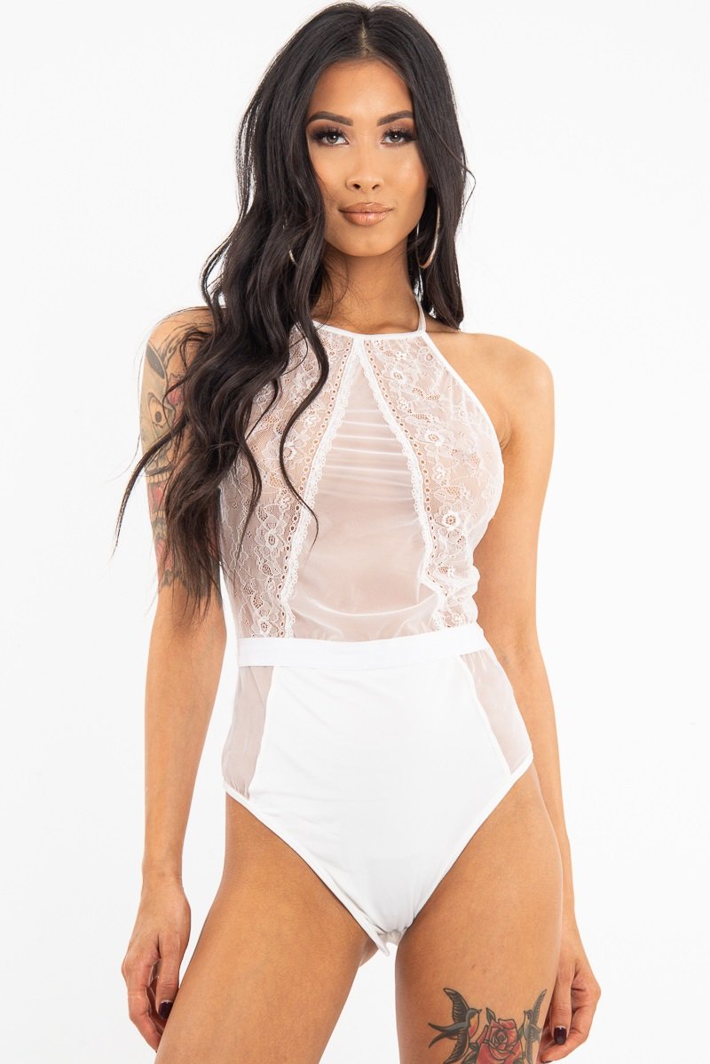 White Sheer Lace High Neck Bodysuit - Joules-Bodysuits