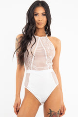 White Sheer Lace High Neck Bodysuit - Joules-Bodysuits