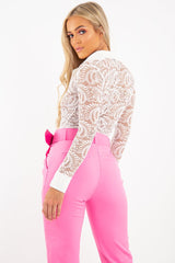 White Sheer Lace Plunge Long Sleeve Bodysuit - Janica-Bodysuits