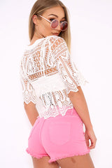White Sheer Lace Scalloped Crop Top - Odyssey-Crop Tops