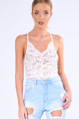 White Sheer Lace Strappy Bodysuit - Rozina-Bodysuits