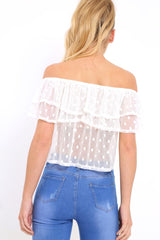 White Sheer Mesh Bardot Frill Top - Aileen-Tops