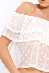 White Sheer Mesh Bardot Frill Top - Aileen-Tops
