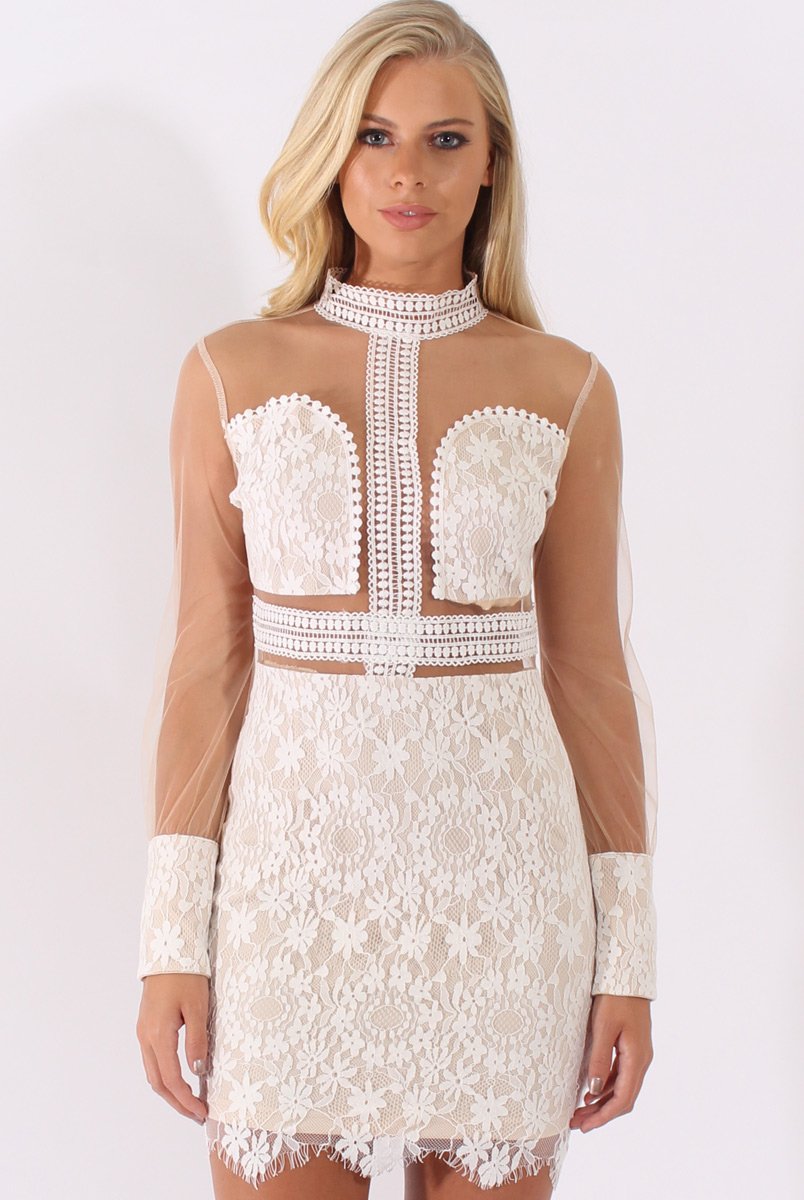 White Sheer Mesh Lace Detail Dress - Jaylee-Dresses