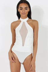 White Sheer Panel Tie Back Bodysuit- Hollie-Bodysuits