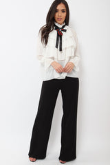 White Sheer Ruffle Blouse with Striped Neck Tie - Viktoria-Shirts