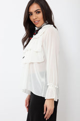 White Sheer Ruffle Blouse with Striped Neck Tie - Viktoria-Shirts