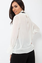 White Sheer Ruffle Blouse with Striped Neck Tie - Viktoria-Shirts