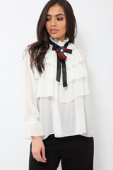 White Sheer Ruffle Blouse with Striped Neck Tie - Viktoria-Shirts