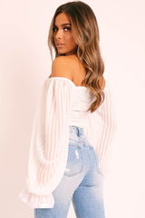 White Sheer Striped Bardot Crop Top - Ellerie-Tops