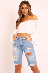White Sheer Striped Bardot Crop Top - Ellerie-Tops