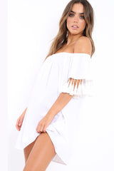 White Shift Dress With Tassle Sleeves - Danielle-Dresses