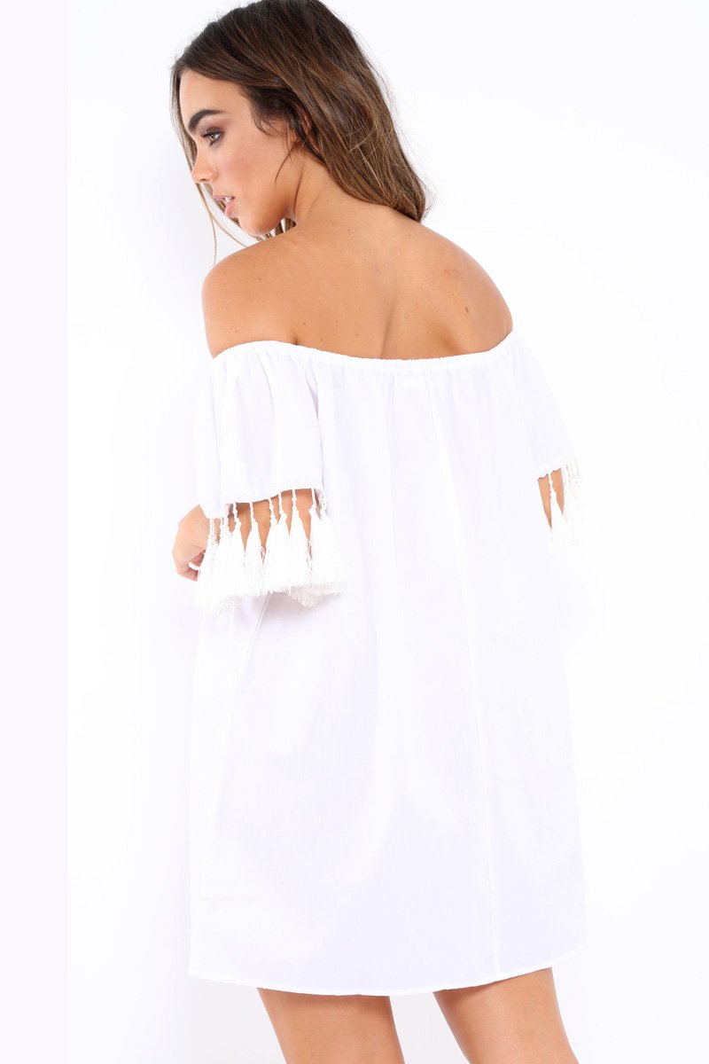 White Shift Dress With Tassle Sleeves - Danielle-Dresses