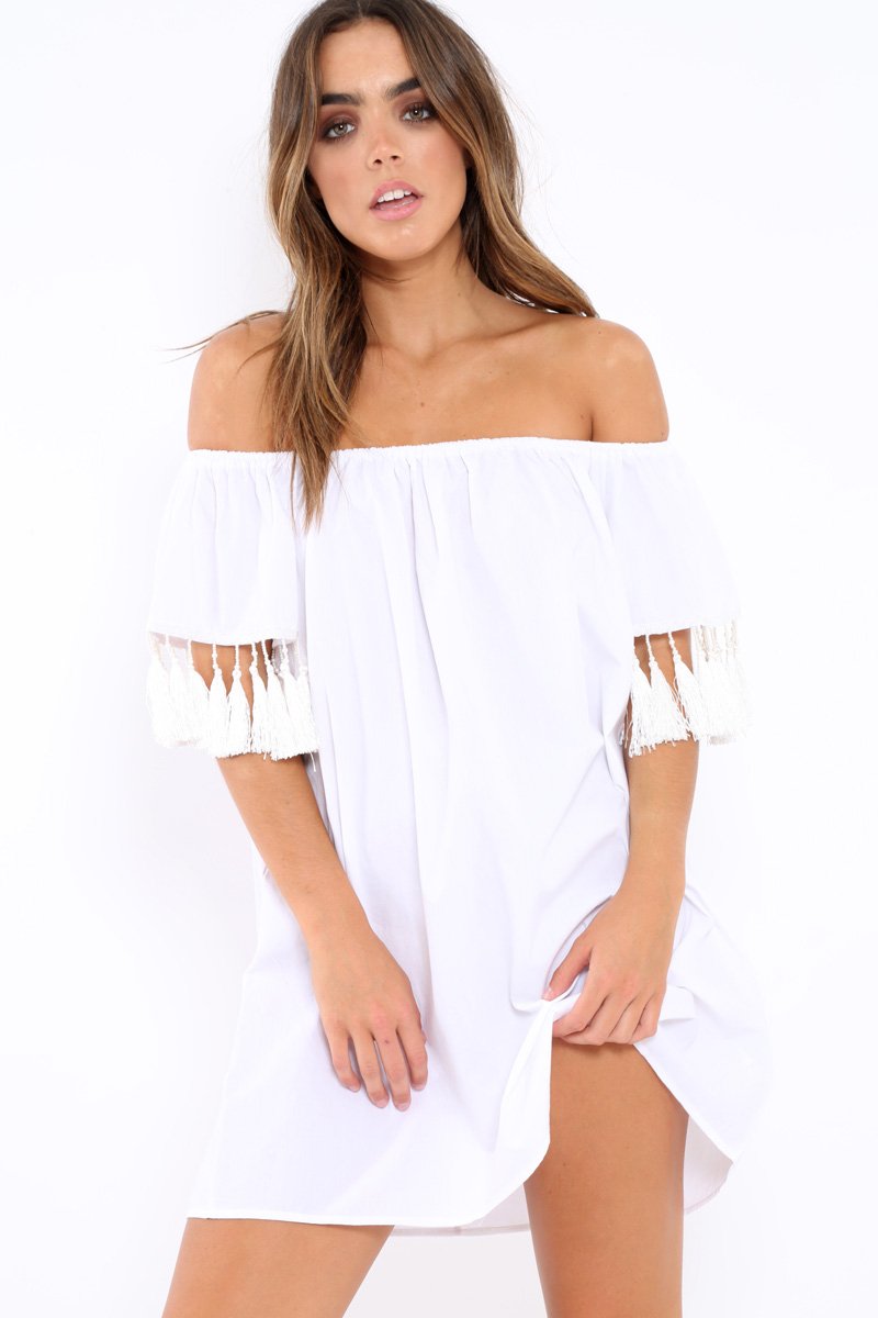 White Shift Dress With Tassle Sleeves - Danielle-Dresses