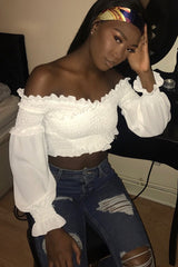 White Shirred Bardot Crop Top - Abisha-Crop Tops