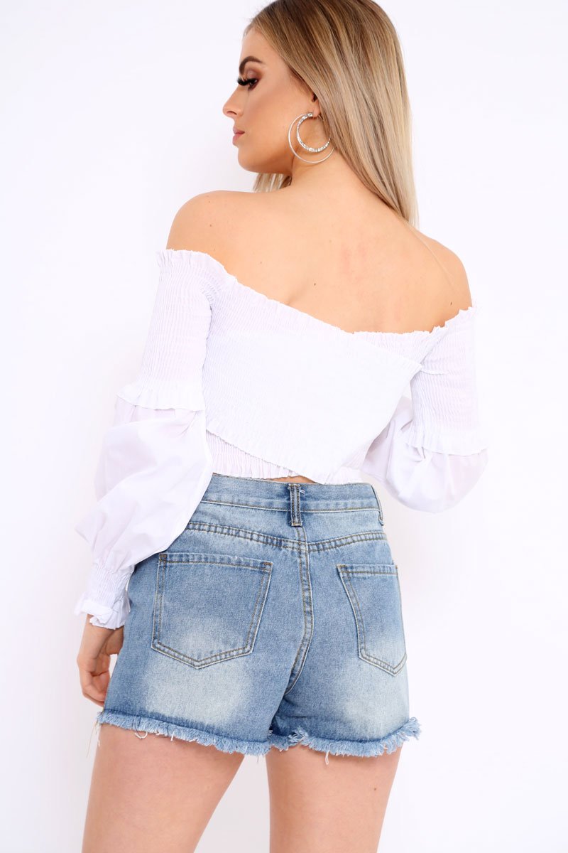 White Shirred Bardot Crop Top - Abisha-Crop Tops