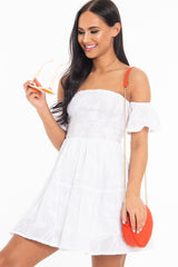 White Shirred Bardot Tiered Textured Mini Dress - Emma-Dresses