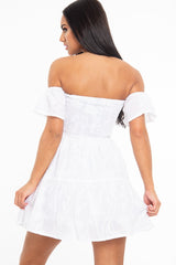 White Shirred Bardot Tiered Textured Mini Dress - Emma-Dresses