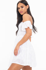 White Shirred Bardot Tiered Textured Mini Dress - Emma-Dresses