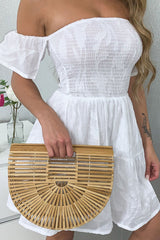 White Shirred Bardot Tiered Textured Mini Dress - Emma-Dresses