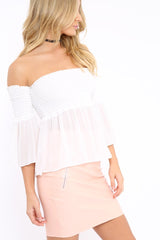 White Shirred Chiffon Bardot Top - Libbie-Tops