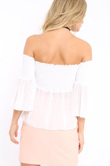 White Shirred Chiffon Bardot Top - Libbie-Tops
