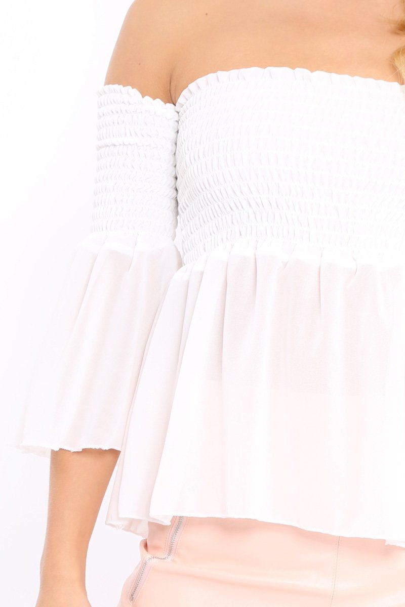 White Shirred Chiffon Bardot Top - Libbie-Tops