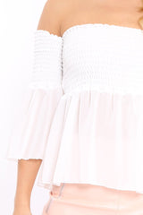 White Shirred Chiffon Bardot Top - Libbie-Tops