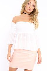 White Shirred Chiffon Bardot Top - Libbie-Tops
