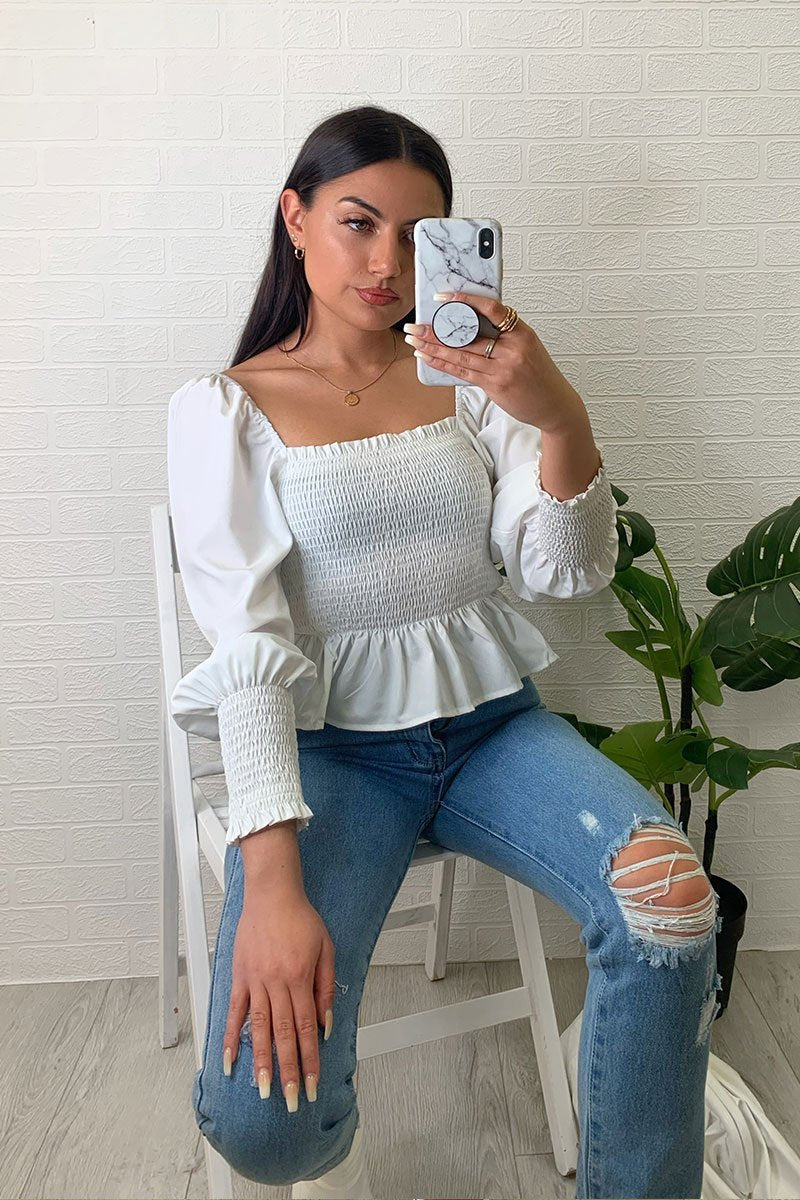White Shirred Panel Puff Shoulder Crop Top - Dorie-Crop Tops