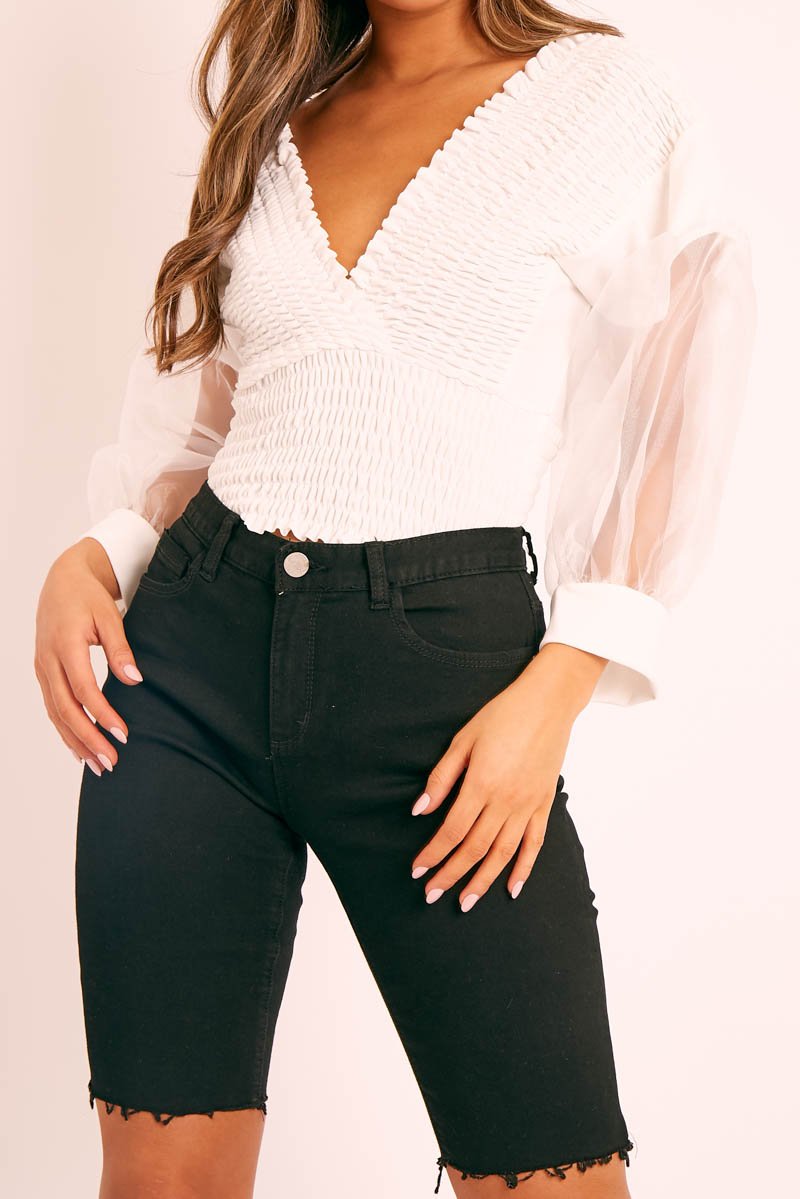 White Shirred Plunge Crop Top - Reina-Crop Tops