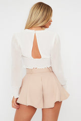 White Shirred Waist Long Sleeve Top - Ima-Crop Tops