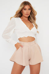 White Shirred Waist Long Sleeve Top - Ima-Crop Tops