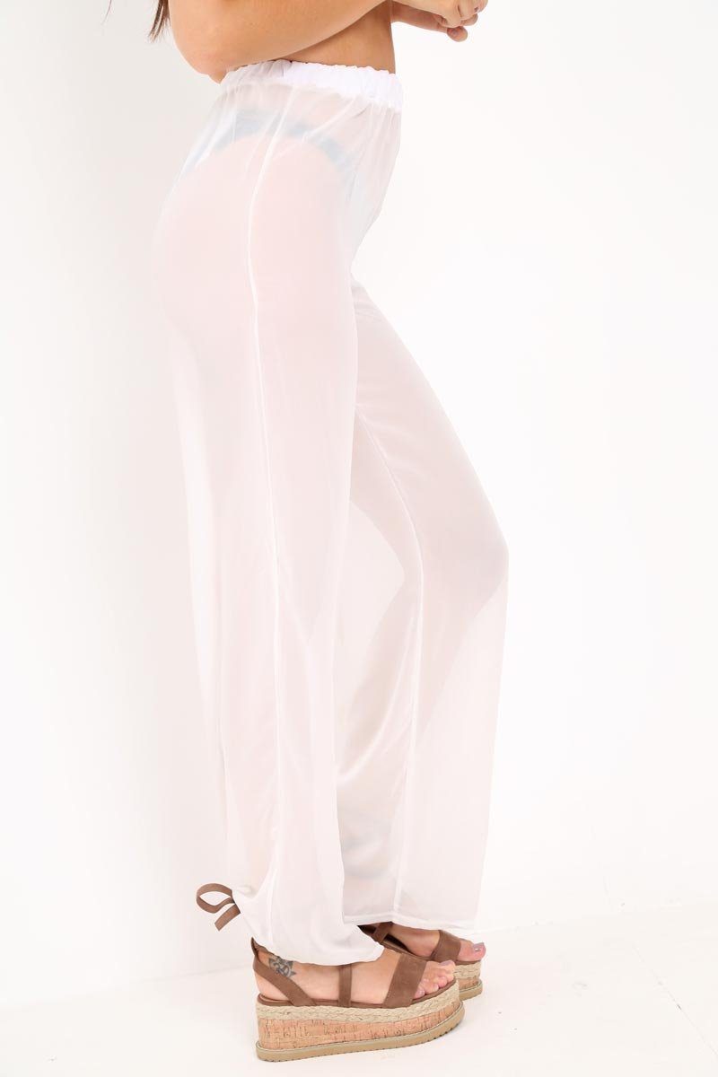 White Shirred Wide Leg Trousers - Kamori-Trousers
