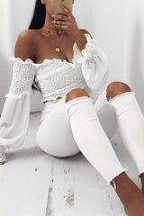 White Shirred Wrap Over Bardot Crop Top - Zuri-Crop Tops