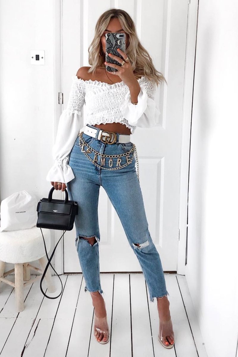 White Shirred Wrap Over Bardot Crop Top - Zuri-Crop Tops