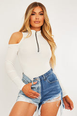 White Shoulder Cut Out Zip Bodysuit - Celine-Bodysuits