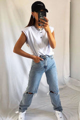 White Shoulder Pad Oversized T-shirt - Amzie-T-shirt