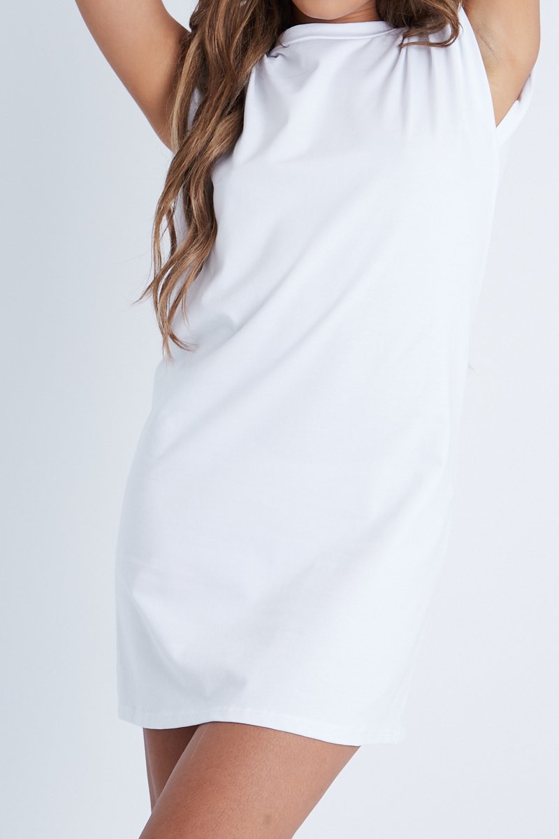 White Shoulder Pad T-Shirt Dress - Adalin-Dresses