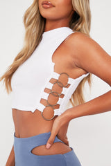 White Side Ring Detail Ribbed Crop Top - Marisella-Crop Tops