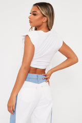 White Side Ruched Shoulder Pad Crop Top - Elane-Crop Tops