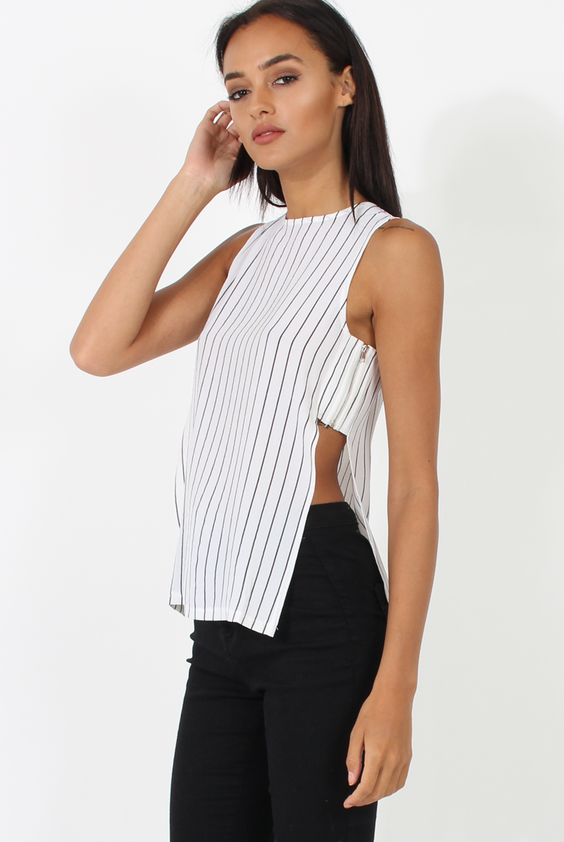White Side Split Striped Top - Lorien-Tops
