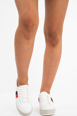 White Side Stripe Trainers with Diamante Platform Sole - Latia-Trainers