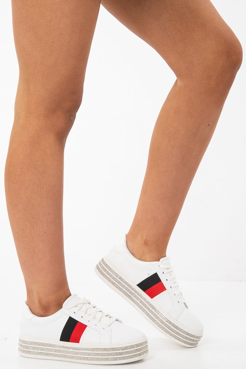 White Side Stripe Trainers with Diamante Platform Sole - Latia-Trainers